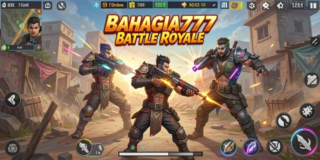 Tangkapan layar utama BAHAGIA777 menampilkan aksi pertempuran Battle Royale yang mendebarkan.
