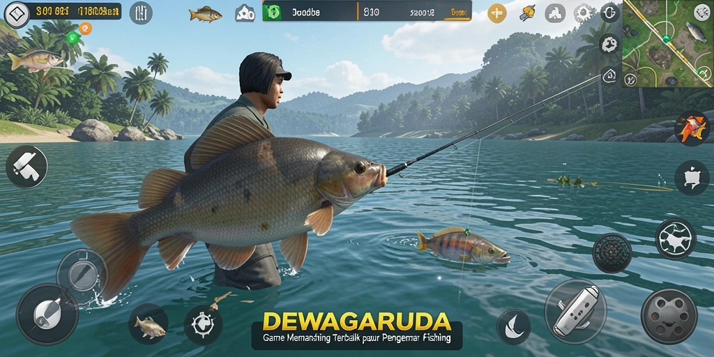 Tampilan gameplay DEWAGARUDA yang menampilkan aksi memancing seru.