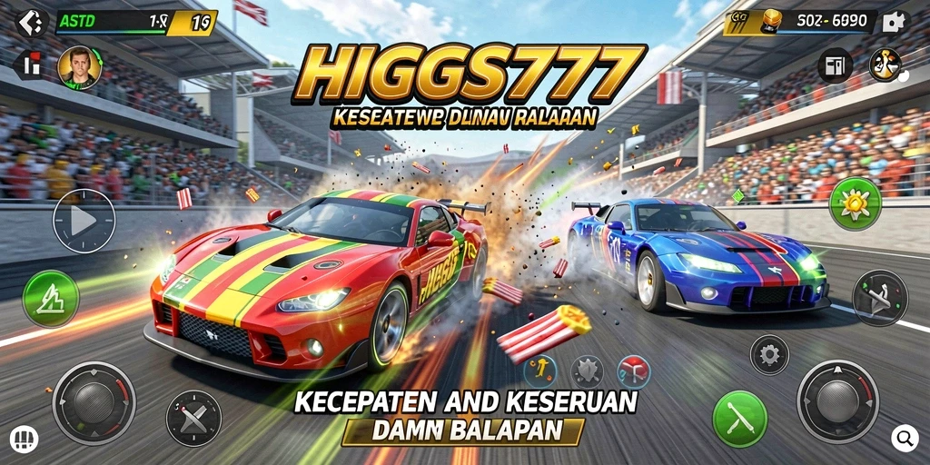 Tampilan gameplay HIGGS777 dengan mobil balap yang cepat di trek.