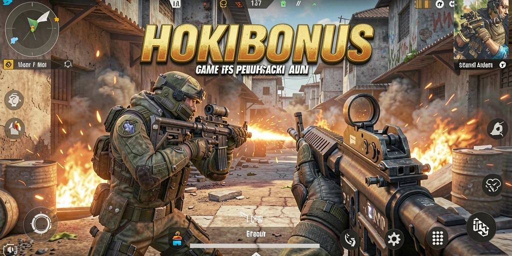 Tangkapan layar HOKIBONUS menunjukkan aksi intens di medan perang FPS.