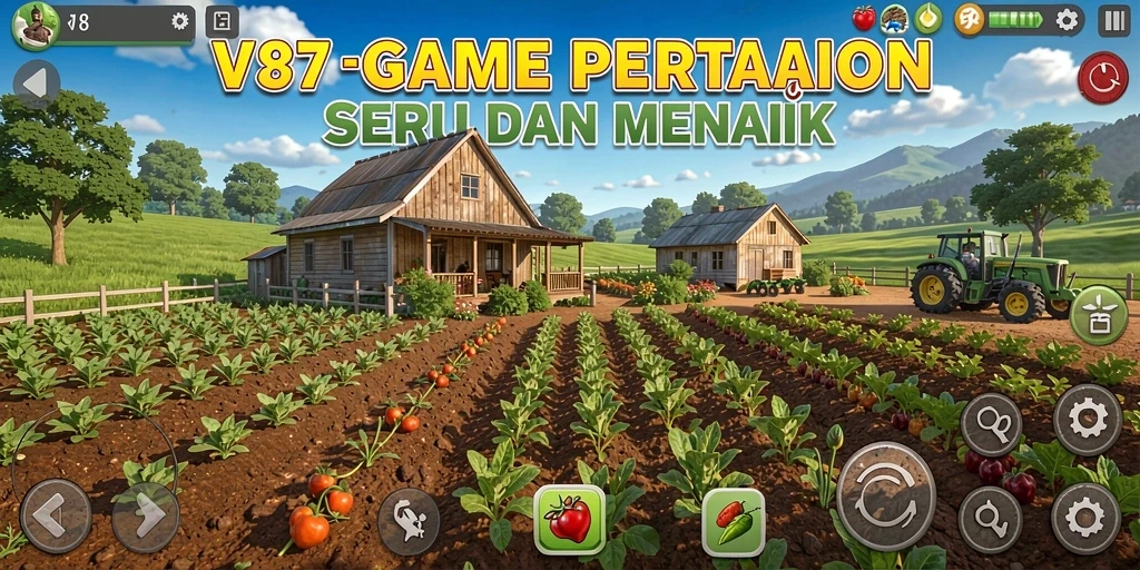 Tangkapan layar game V87 menampilkan petani di ladang yang subur.